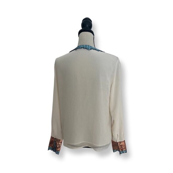 Uterque cream sequin neck and sleeves trims silk blouse size M - Picture 4 of 9
